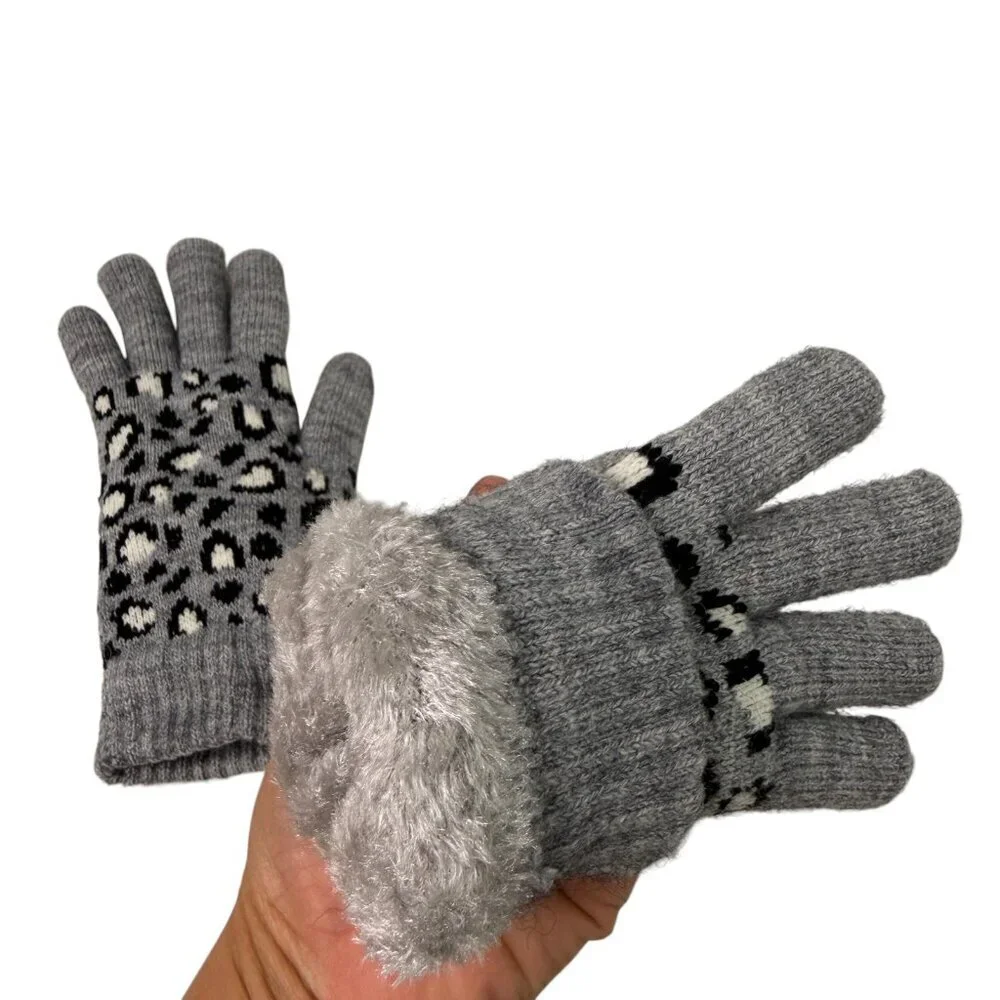 Women’s Gray Leopard Print Knit Winter Gloves Fleece Lined